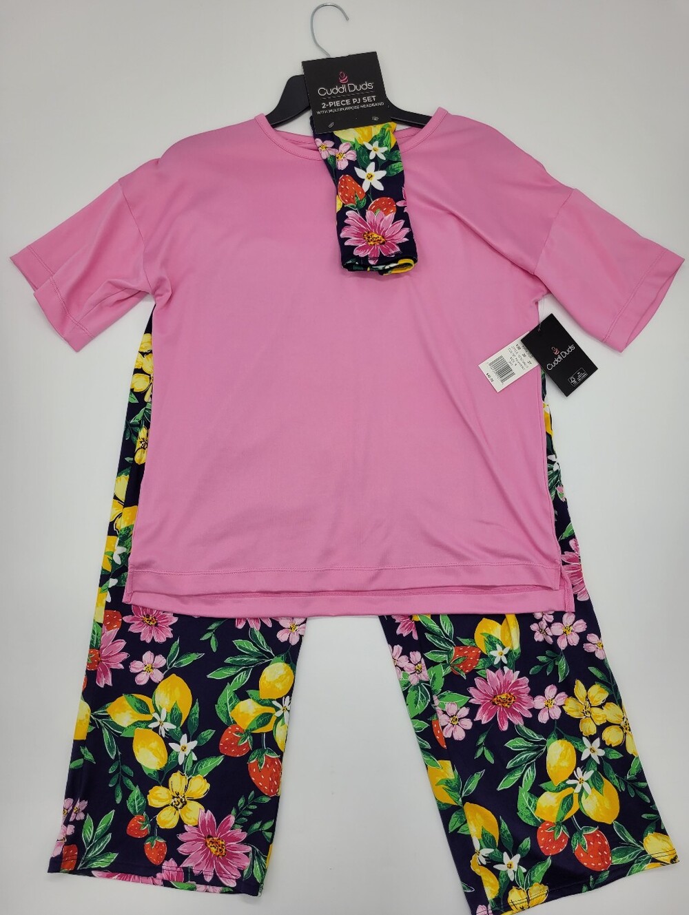 Cuddl Duds Pajama Set Capri Pockets Pink Yellow Lemon Floral 2pc Headband NEW - Picture 3 of 8